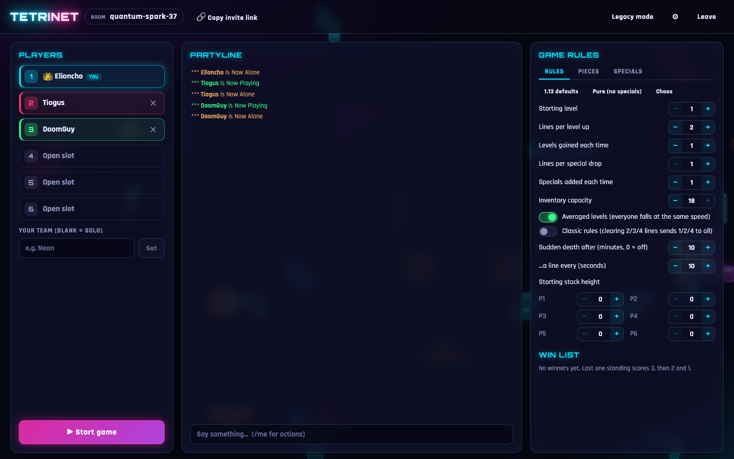 The lobby: players, the partyline chat and the game rules. The 1.13 defaults are one click away.