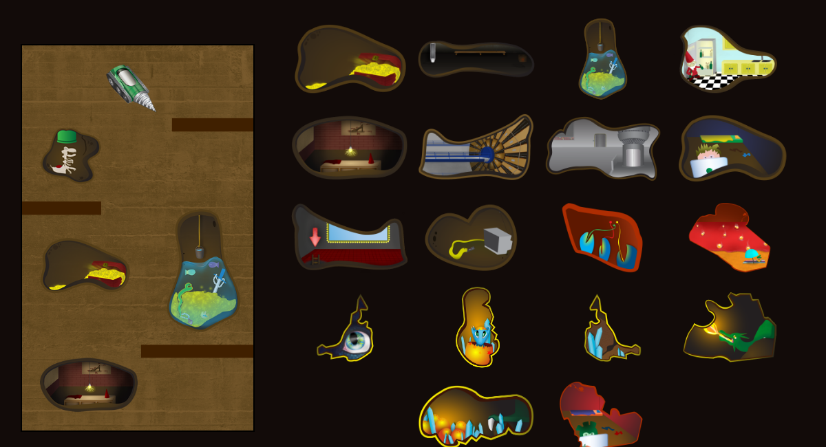 April 2014: a mockup with the digger, and the secret caves we wanted players to find along the way.